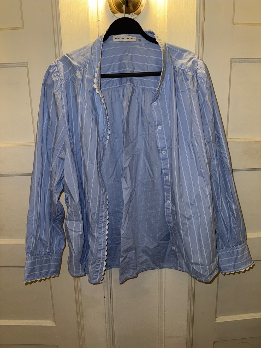 English Factory Blue and White Striped Button-Front Blouse